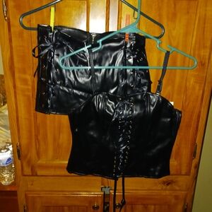 Black Lace-Up Leather Corset and Skirt Set